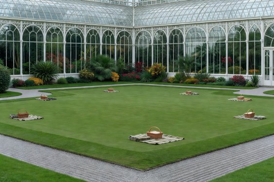 Manicured lawn framed by botanical glasshouse architecture and neat gravel walking borders