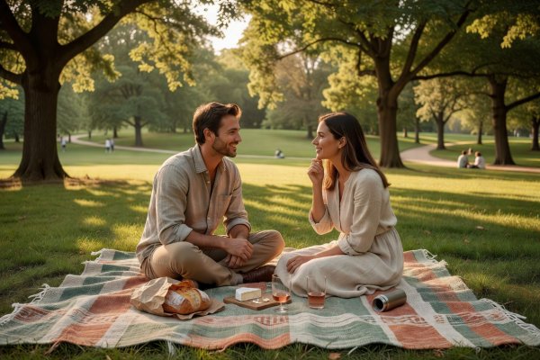 A couple seated comfortably on a woven blanket sharing an unhurried conversation in a park