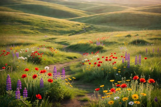 A grassy meadow with scattered wildflower clusters and sloping hills in soft late-afternoon sunlight