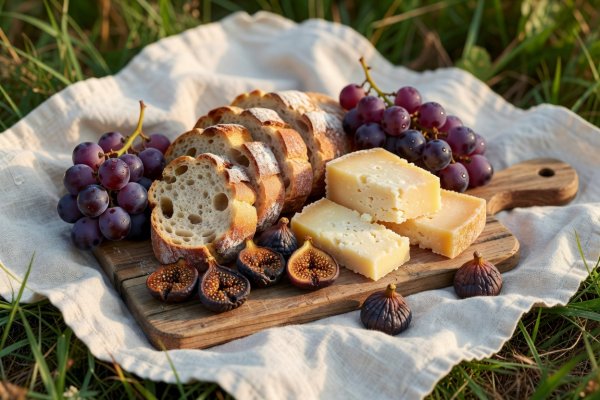 A wooden cutting board with crusty bread slices, hard cheese wedges, grapes, and dried figs on a linen picnic cloth