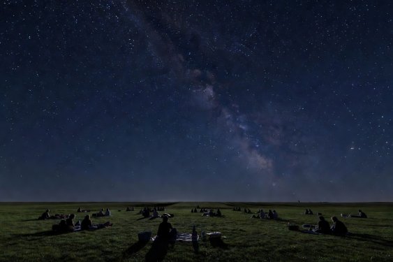 A dark open field silhouetted against deep indigo night sky filled with faint stars